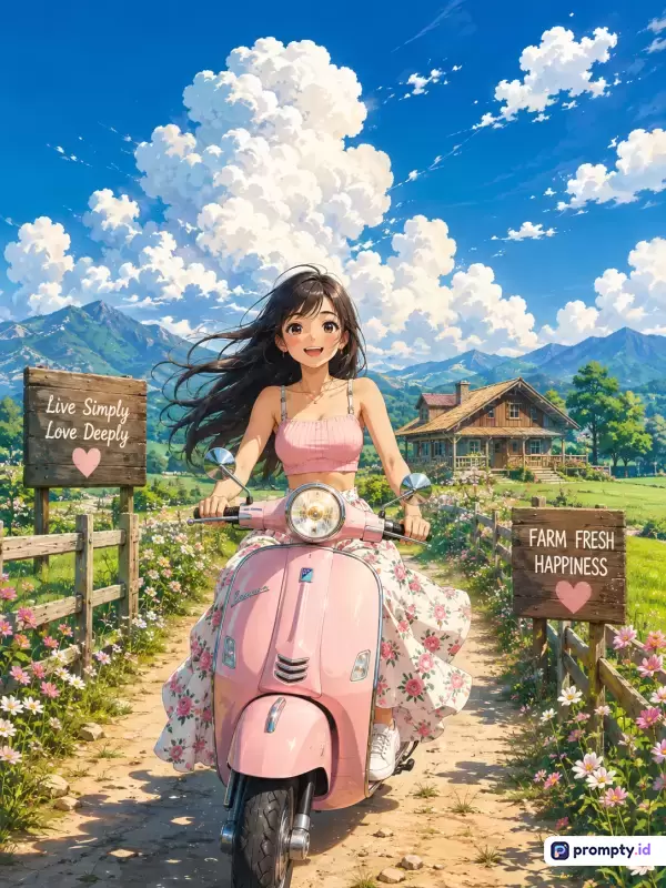 Gambar bergaya ilustrasi anime ceria ini menampilkan seorang gadis berambut panjang yang mengendarai skuter merah muda di jalan pedesaan yang indah dengan latar belakang pegunungan megah, rumah kayu pedesaan, serta langit biru cerah yang dihiasi awan putih besar, dengan tiga warna dominan yaitu biru langit, merah muda, dan hijau alam, serta kata kunci gadis, skuter merah muda, pedesaan, anime, pegunungan, musim panas, dan kebahagiaan.