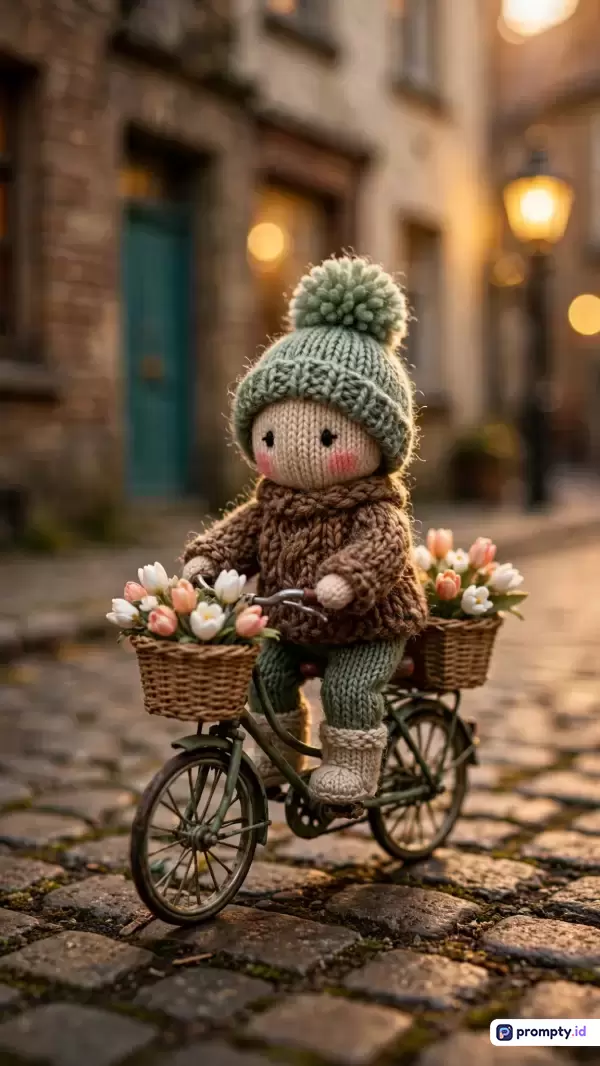 Gambar bergaya fotografi makro yang estetik ini menampilkan boneka rajut amigurumi menggemaskan berbalut sweater cokelat dan topi hijau, sedang menaiki sepeda miniatur bermuatan keranjang bunga di jalanan berbatu kota tua berlatar pencahayaan senja yang hangat, dengan kata kunci boneka rajut, sepeda miniatur, bunga tulip, jalan berbatu, dan fotografi makro, serta didominasi oleh tiga warna utama yaitu hijau sage, cokelat tanah, dan kuning keemasan.