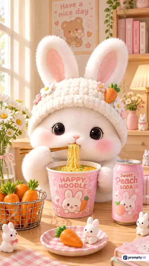 Gambar bergaya ilustrasi 3D yang sangat imut dan menggemaskan ini menampilkan karakter kelinci putih berbulu lembut yang mengenakan topi rajut putih bermotif bunga dan sedang asyik makan mi instan dari mangkuk merah muda bertuliskan HAPPY NOODLE menggunakan sumpit, dikelilingi oleh berbagai elemen estetis seperti kaleng soda persik, keranjang wortel segar, miniatur kelinci putih, dan vas bunga daisy di atas meja kayu berlatar belakang kamar bernuansa pastel hangat, dengan tiga warna dominan yaitu putih, merah muda, dan jingga, serta kata kunci: kelinci, imut, 3D, makan mi, estetik, pastel, wortel, merah muda, dekorasi kamar, ilustrasi.