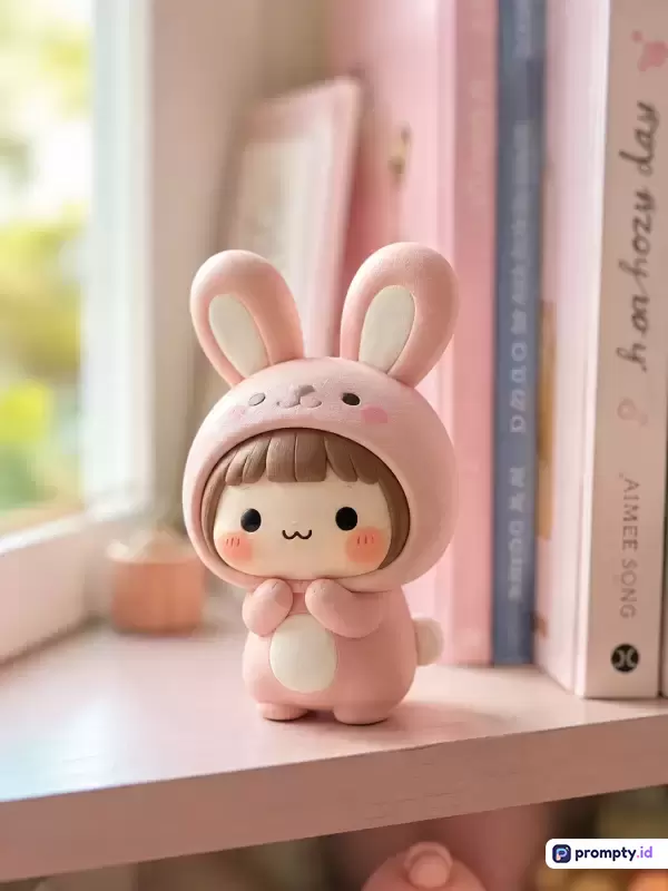 Gambar bergaya figurin mainan kawaii dengan pencahayaan lembut ini menampilkan karakter anak perempuan lucu berambut cokelat pendek yang mengenakan kostum kelinci berkapusin merah muda, duduk manis di rak buku berlatar kamar estetik bernuansa pastel, dengan kata kunci boneka desainer, estetika kamar, kawaii, dekorasi meja, mainan vinil, serta tiga warna dominan yaitu merah muda, putih, dan cokelat.