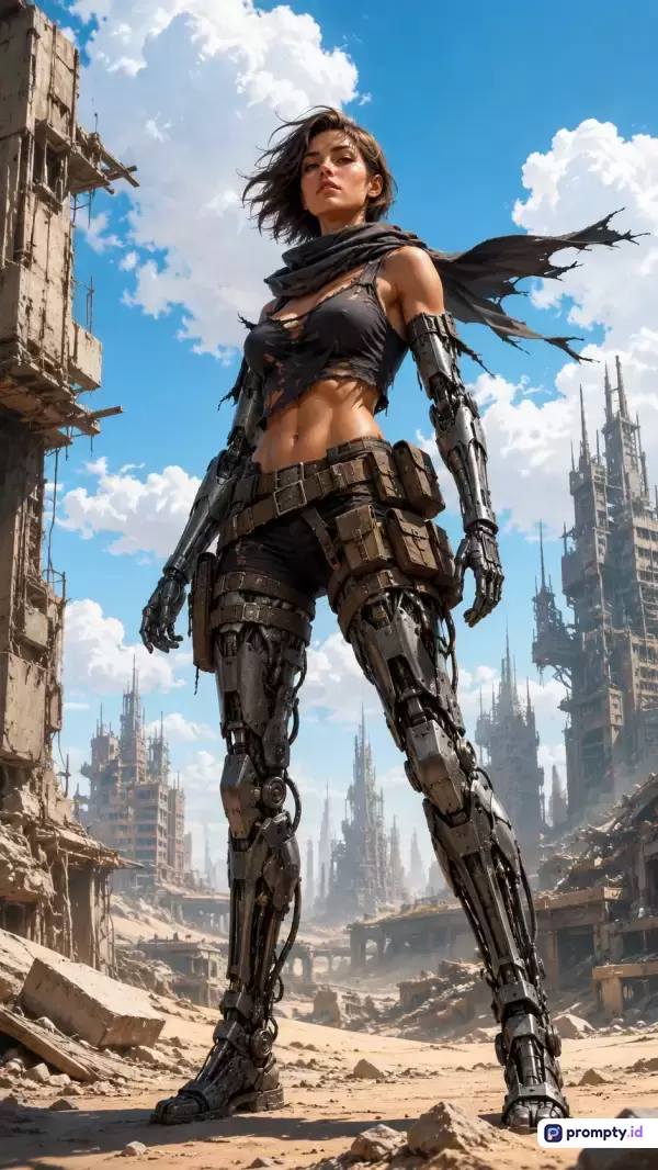Gambar bergenre seni digital fiksi ilmiah dan pasca-apokaliptik ini menampilkan seorang wanita tangguh berambut pendek dengan anggota badan prostetik mekanis dan pakaian compang-camping, berdiri di tengah reruntuhan kota futuristik berlatar langit biru berawan dengan tiga warna dominan yaitu biru langit, cokelat tanah, serta abu-abu logam, yang dilengkapi dengan kata kunci fiksi ilmiah, cyborg, pasca-apokaliptik, reruntuhan kota, pejuang wanita, prostetik mekanis, futuristik, aksi, seni digital, dan distopia.