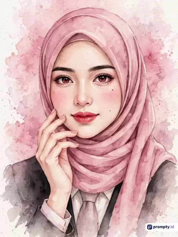 Gambar dengan gaya seni lukis cat air digital ini menampilkan konten seorang wanita berhijab mengenakan setelan jas formal, berfokus pada kata kunci wanita muslimah, kecantikan, hijab, cat air, dan profesional, dengan palet warna dominan merah muda, putih, dan abu-abu.