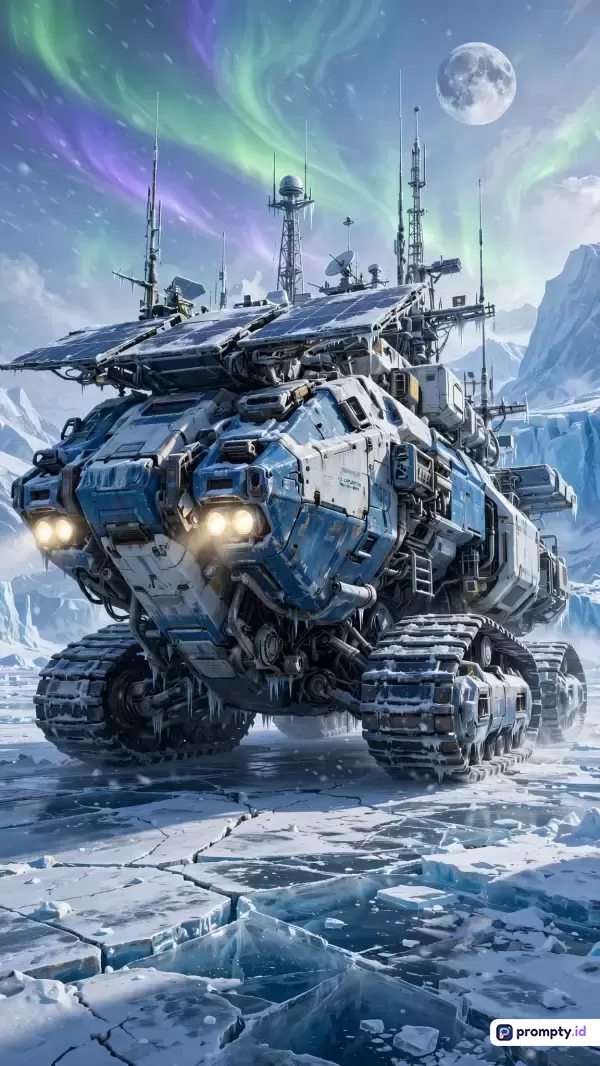 Gambar bergaya fiksi ilmiah digital ini menampilkan kendaraan penjelajah kutub raksasa bermesin traktor yang dilengkapi panel surya dan antena komunikasi, berlatar lanskap es Arktik bersalju dengan latar langit aurora borealis hijau-ungu serta bulan terang, menghasilkan atmosfer futuristik dan dingin yang didukung kata kunci penjelajah kutub, fiksi ilmiah, antariksa, kendaraan futuristik, es, dengan tiga warna dominan yaitu biru, putih, dan hijau.