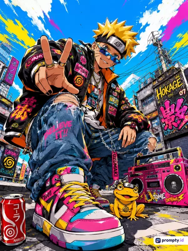 Gambar ilustrasi digital bergaya anime modern ini menampilkan karakter Naruto Uzumaki dengan gaya busana jalanan (*streetwear*) dan hip-hop di latar kota perkotaan yang dipenuhi coretan grafiti, dengan kata kunci Naruto, anime, streetwear, grafiti, hip-hop, dan dominasi tiga warna yaitu biru, kuning, dan merah muda.