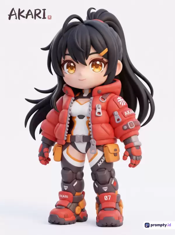 Gambar ini menampilkan figur aksi chibi 3D bergaya anime modern dengan konten karakter wanita berambut hitam dan jaket puffer merah, memiliki kata kunci figur vinil, mainan desainer, sci-fi, Akari, render 3D, didominasi oleh warna merah, hitam, dan putih.