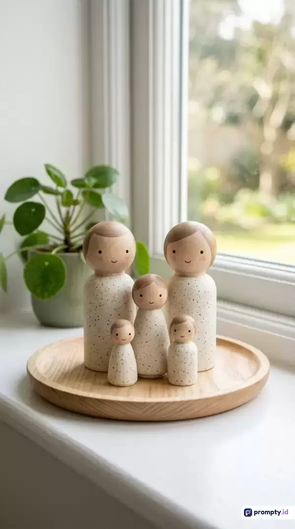 Gambar fotografi minimalis dengan gaya hangat dan natural ini menampilkan konten boneka pasak kayu berbentuk keluarga berjumlah lima orang berdesain skandinavia bertekstur bintik-bintik yang tersusun rapi di atas nampan bundar dekat jendela berlatar tanaman hias hijau, dengan kata kunci keluarga kayu, boneka dekoratif, minimalis hangat, mainan edukatif, dan dekorasi rumah, serta didominasi oleh warna putih gading, cokelat kayu muda, dan hijau daun.
