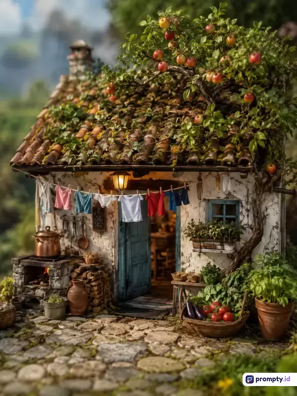Gambar bergaya miniatur diorama realistik ini menampilkan konten pondok pedesaan antik dengan atap genteng tertutup lumut dan pohon apel, serta memiliki kata kunci diorama, pondok desa, miniatur realistis, pedesaan, pohon apel, pakaian jemuran, dan suasana hangat, didominasi oleh warna hijau, cokelat, dan merah.
