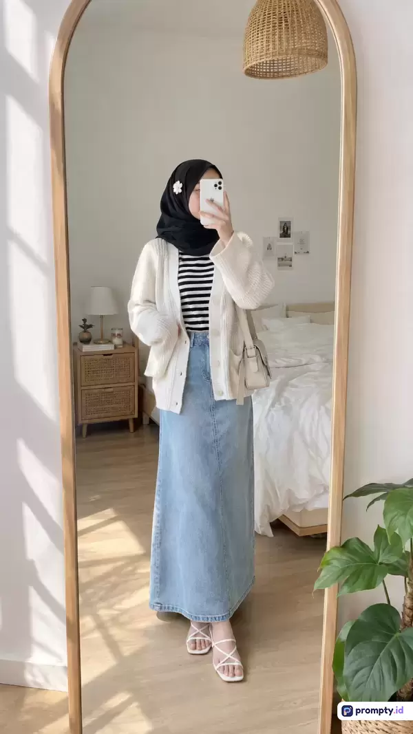 Gambar bergaya swafoto estetik ini menampilkan seorang wanita berhijab mengenakan kardigan putih, kaus garis-garis, dan rok denim panjang dengan latar belakang kamar tidur minimalis berlantaikan kayu, sementara kata kunci utamanya meliputi OOTD hijab, gaya kasual, fashion wanita, cermin estetik, dan dekorasi kamar, serta didominasi oleh tiga warna utama yaitu putih, hitam, dan biru denim.
