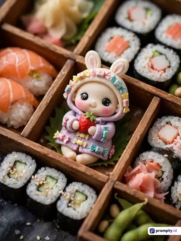 Gambar fotografi bergaya *kawaii* dan estetik ini menampilkan kotak bento kayu berisi beragam sushi, edamame, dan asinan jahe yang mengelilingi figurin figur bayi imut berbahan fondant atau tanah liat berpakaian kelinci ungu sambil memegang stroberi, dengan kata kunci sushi bento, figurin bayi kawaii, makanan jepang, seni kuliner, dan tiga warna dominan yaitu putih, cokelat kayu, dan hijau muda.