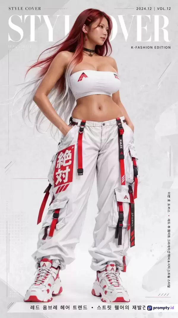 Gambar bergaya majalah fesyen modern ini menampilkan model wanita berambut ombre merah-putih dengan busana *streetwear* futuristik, menampilkan kombinasi warna putih, merah, dan hitam, serta kata kunci gaya modern, K-fashion, majalah, *streetwear*, dan potret model.