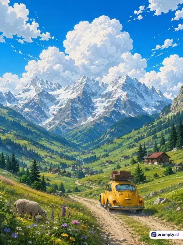 Gambar bergaya ilustrasi anime Ghibli ini menampilkan konten pemandangan pegunungan Alpen yang megah, lembah hijau subur, mobil kumbang kuning, dan domba, dengan kata kunci alam, petualangan, pegunungan, musim panas, dan pedesaan, serta didominasi oleh warna biru langit, hijau rumput, dan kuning mobil.