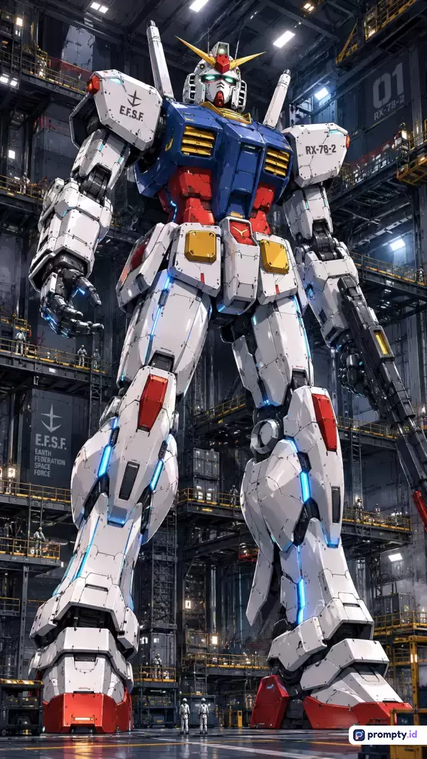 Gambar bergaya ilustrasi digital anime mecha ini menampilkan robot raksasa RX-78-2 Gundam berwarna putih, biru, dan merah yang berdiri megah di dalam hangar perbaikan industri yang gelap, dengan kata kunci robot, gundam, mecha, hangar, sci-fi, dan anime, serta didominasi oleh warna putih, biru tua, dan merah.