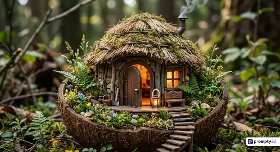 Gambar bergaya diorama fotografi makro bergenre fantasi ini menampilkan rumah kurcaci miniatur bertema alam dengan atap jerami dan lumut yang dibangun di dalam tempurung kelapa di atas lantai hutan yang rimbun, dengan kata kunci rumah peri, diorama, miniatur, hutan, fantasi, magis, dan alam, yang didominasi oleh warna hijau lumut, cokelat kayu, dan kuning keemasan.