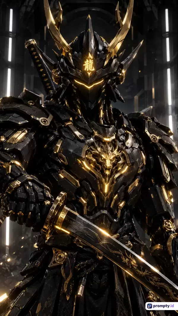 Gambar bergaya digital art sci-fi futuristik ini menampilkan konten seorang ksatria samurai mech berbalut armor hitam-emas dengan detail ukiran naga, menggunakan palet warna dominan hitam, emas, dan putih, serta kata kunci samurai, mecha, futuristik, armor, naga, sci-fi, hitam dan emas.