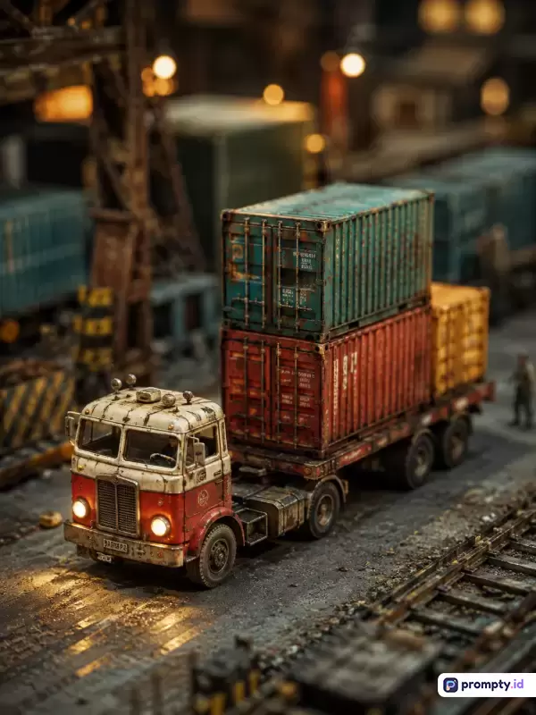Gambar bergaya diorama fotografi makro realistis ini menampilkan konten miniatur truk trailer antik berkarat yang mengangkut kontainer kargo di pelabuhan industri malam hari, diperkaya dengan kata kunci diorama, miniatur, truk, pelabuhan, industri, dan malam, serta didominasi oleh warna cokelat tua, merah bata, dan hijau pirus.