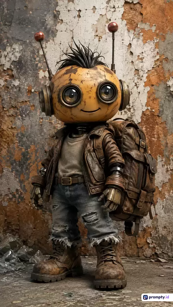 Gambar bergaya 3D *hyperrealistic* ini menampilkan konten karakter robot anak-anak bergaya steampunk yang mengenakan jaket kulit, ransel besar, celana jeans koyak, dan sepatu bot di depan dinding bata usang bertekstur kasar, dengan kata kunci robot, steampunk, sci-fi, pasca-apokaliptik, dan anak-anak, didominasi oleh warna cokelat, abu-abu, dan kuning.