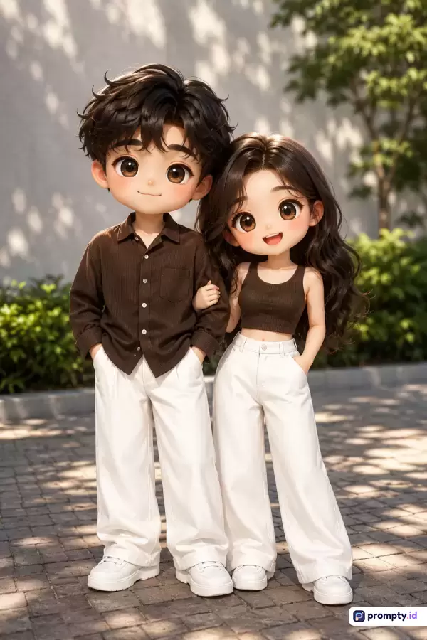 Gambar bergaya 3D chibi-anime ini menampilkan pasangan muda berambut cokelat dengan mata besar yang mengenakan pakaian serasi berupa atasan cokelat dan celana putih, berdiri berdampingan di luar ruangan dengan latar belakang taman berpohon, memancarkan kesan hangat dan ceria; kata kunci: pasangan chibi, 3D, anime, romantis, modis; warna dominan: cokelat, putih, hijau.