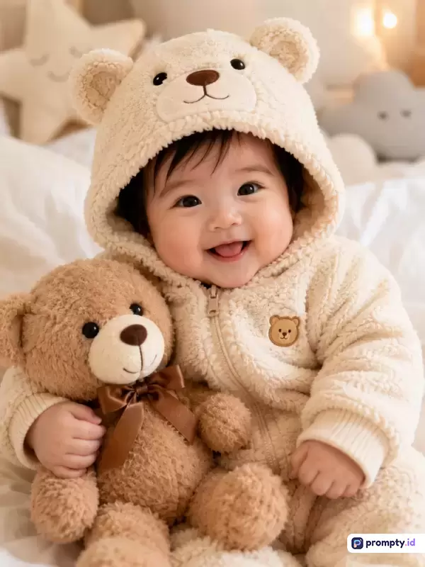 Gambar fotografi bergaya potret ceria ini menampilkan seorang bayi menggemaskan berambut hitam yang mengenakan pakaian hangat berbulu putih krem bertudung kepala beruang sambil memeluk boneka beruang cokelat berpita di atas ranjang putih dengan latar belakang dekorasi kamar anak yang lembut, menggunakan palet warna putih krem, cokelat karamel, dan hitam, serta diiringi kata kunci bayi, boneka beruang, pakaian berbulu, senyum ceria, dan fotografi anak.