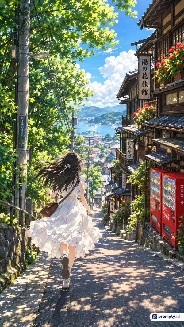 Gambar dengan gaya ilustrasi anime Jepang ini menampilkan konten seorang gadis berambut panjang mengenakan gaun putih yang berlari menuruni jalan setapak berbatu di kawasan pegunungan pedesaan Jepang yang asri, dengan kata kunci gadis anime, jalan desa, musim panas, Jepang, dan pemandangan laut, didominasi oleh warna hijau cerah, biru langit, dan putih bersih, serta kata kunci pencarian gadis berlari, estetika anime, desa pesisir, dan alam jepang.