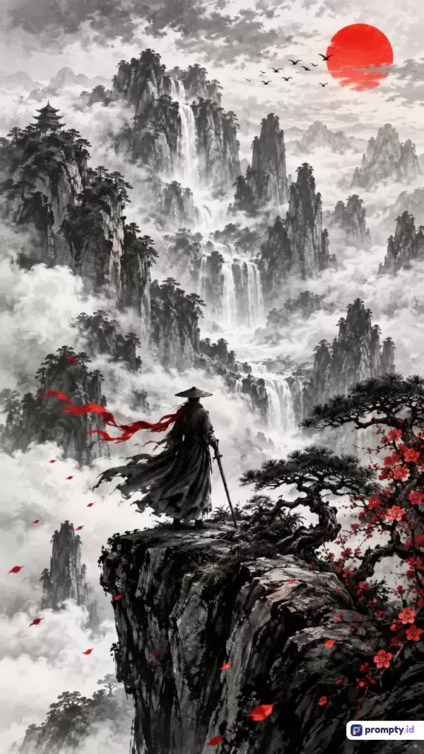 Gambar bergaya lukisan tinta tradisional Tiongkok (sumi-e) ini menampilkan konten seorang pendekar berkerudung merah di atas tebing yang menghadap ke pegunungan berkabut, air terjun, pagoda, pohon bonsai berbunga merah, dan matahari terbenam besar, dengan kata kunci pendekar, pegunungan, air terjun, kabut, pagoda, seni tinta, dan warna dominan putih, hitam, serta merah.