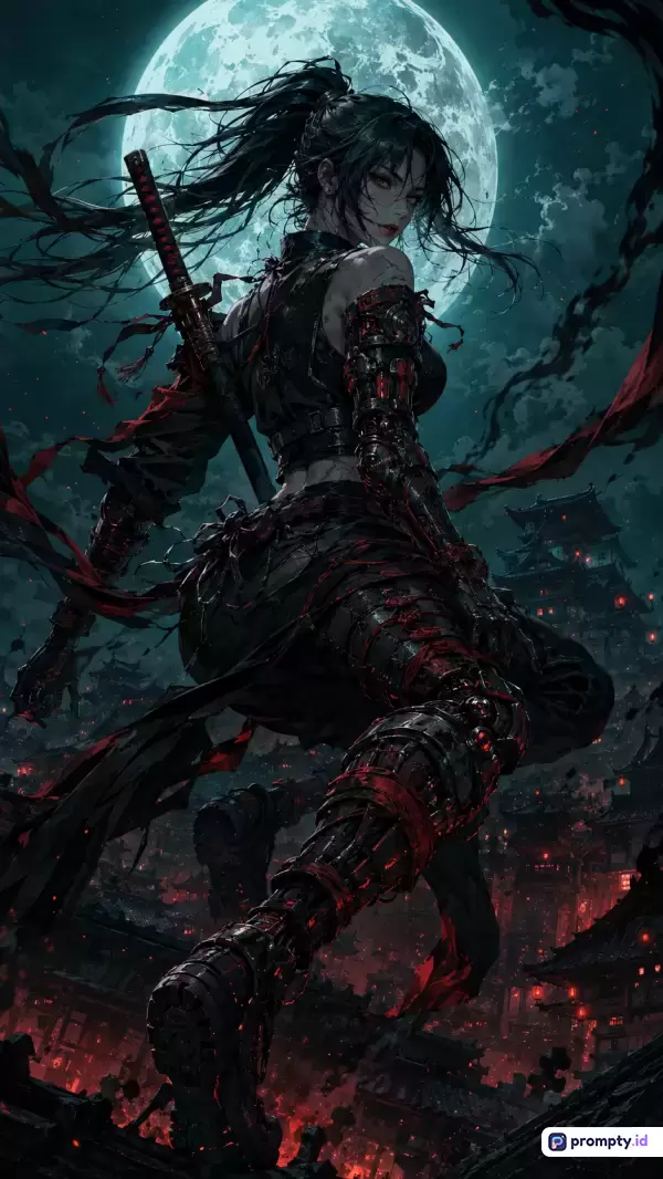 Gambar bergaya ilustrasi digital anime fantasi gelap ini menampilkan seorang prajurit wanita berambut hitam panjang berkuncir dengan armor mekanis dan katana di punggungnya, berpose dinamis di atap bangunan tradisional Jepang berlatar belakang kota malam bersimbah cahaya bulan purnama, menggunakan palet warna dominan toska tua, merah darah, dan hitam legam, dengan kata kunci: samurai wanita, cyberpunk, fantasi gelap, katana, bulan purnama, dan anime action.
