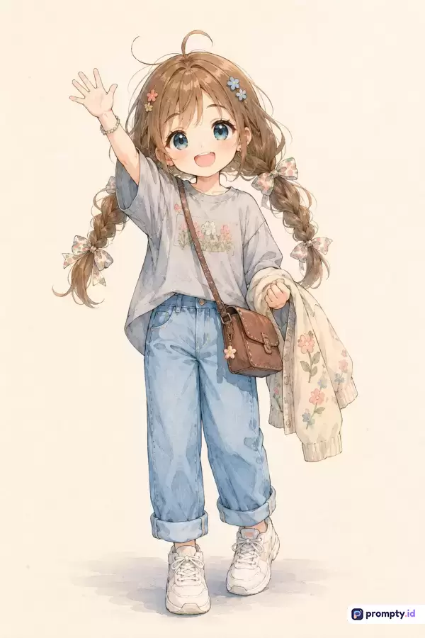 Gambar bergaya ilustrasi digital anime ini menampilkan konten seorang anak perempuan ceria berambut kepang dua yang sedang melambaikan tangan, dengan kata kunci: anime, anak perempuan, gaya kasual, ilustrasi, ceria, mode; menggunakan palet warna dominan cokelat muda, biru jeans, dan krem pastel.