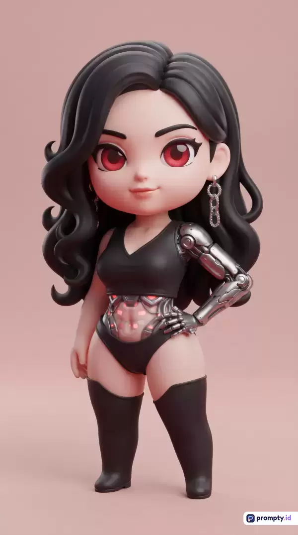 Gambar bergaya figurin 3D chibi ini menampilkan karakter wanita sibernetik berambut hitam bergelombang dan bermata merah, mengenakan pakaian hitam dengan tangan serta perut robotik, menggunakan palet warna hitam, merah, dan merah muda, serta kata kunci cyborg, chibi, 3D, wanita, sci-fi.