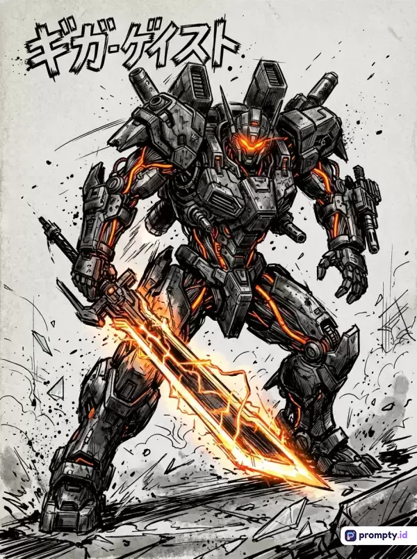 Gambar ini menampilkan ilustrasi gaya manga dan sketsa komik dengan konten robot mecha futuristik bersenjata pedang energi, menggunakan kata kunci robot, mecha, sci-fi, manga, dan cyberpunk, dengan dominasi warna abu-abu, putih, dan jingga.