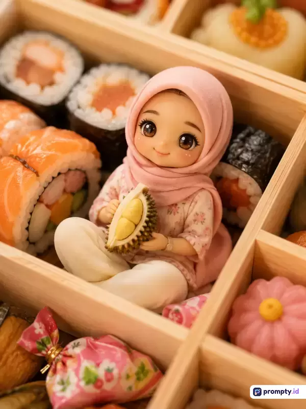 Gambar bergaya seni figurin chibi 3D yang imut ini menampilkan boneka berhijab merah muda sedang duduk di dalam kotak bento kayu sambil memegang sepotong buah durian, dikelilingi oleh konten berbagai macam sushi dan makanan tradisional Jepang, dengan kata kunci boneka hijab, bento sushi, durian, miniatur imut, estetika pastel, dan tiga warna dominan yaitu merah muda, krem, serta cokelat kayu.