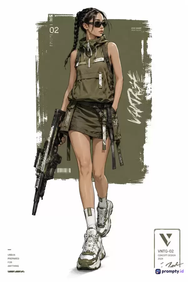 Gambar bergaya ilustrasi konsep seni digital ini menampilkan konten karakter wanita bergaya taktis modern mengenakan pakaian hijau militer, kacamata hitam, dan membawa senapan serbu, dengan kata kunci desain karakter, taktis, fiksi ilmiah, wanita tangguh, militer, dan cyberpunk, serta didominasi oleh warna hijau zaitun, putih, dan abu-abu gelap.