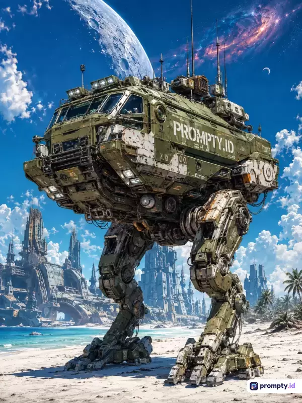 Gambar bergaya fiksi ilmiah surealis ini menampilkan robot tempur bipedal berwarna hijau zaitun dengan teks PROMPTY.ID di sisinya, berdiri di pantai berpasir putih di bawah langit biru cerah yang dihiasi bulan besar dan galaksi, serta dikelilingi latar belakang kota futuristik dan pohon palem dengan palet warna dominan biru langit, hijau zaitun, dan putih bersih yang mencakup kata kunci robot bipedal, fiksi ilmiah, pantai futuristik, kota sci-fi, dan eksplorasi ruang angkasa.
