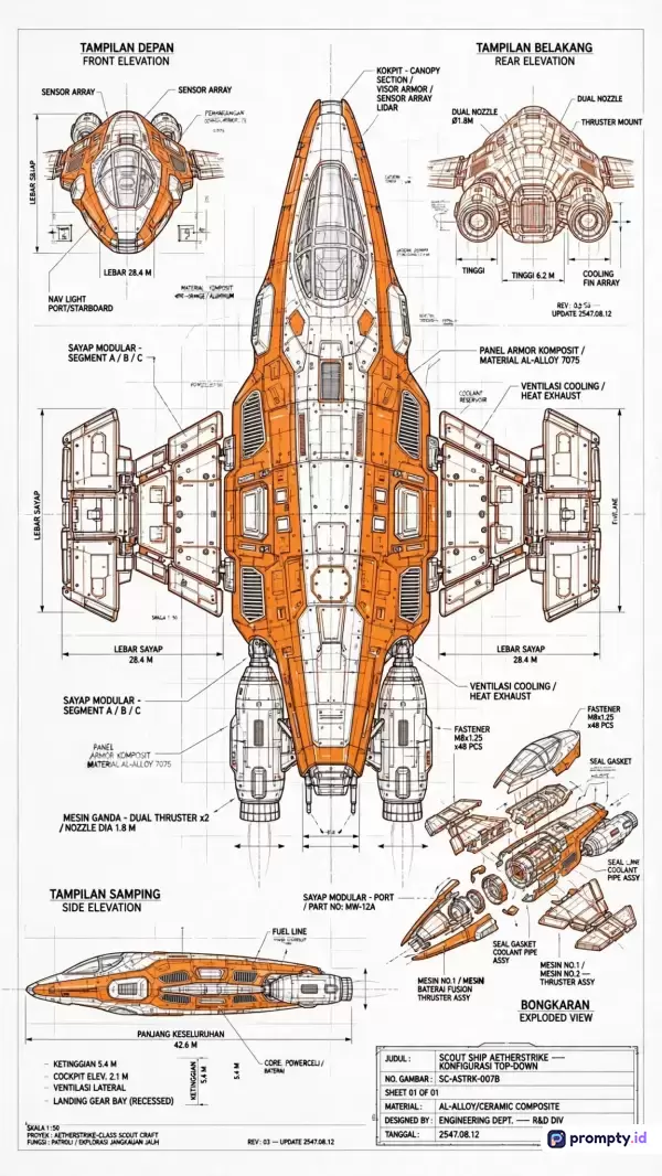 Gambar teknik skema cetak biru fiksi ilmiah bergaya ilustrasi teknik ini menampilkan desain pesawat luar angkasa eksplorasi Scout Ship Aetherstrike dengan dominasi warna jingga, putih, dan abu-abu, serta kaya akan kata kunci seperti skema pesawat, cetak biru sci-fi, desain futuristik, teknik dirgantara, dan diagram teknis.