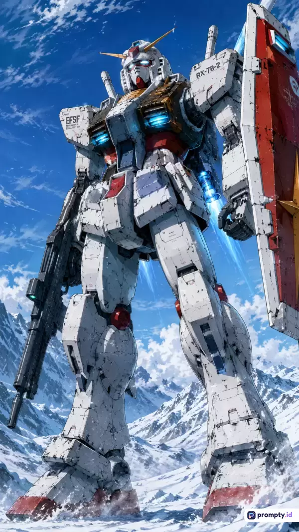 Gambar ilustrasi digital bergaya anime bertema fiksi ilmiah dan mecha ini menampilkan robot raksasa RX-78-2 Gundam berwarna putih dengan aksen merah dan biru, berdiri gagah berlatar pegunungan bersalju dan langit biru cerah, dengan kata kunci mecha, robot, Gundam, anime, fiksi ilmiah, salju, pertempuran, dan teknologi, serta didominasi oleh tiga warna utama yaitu putih, biru, dan merah.