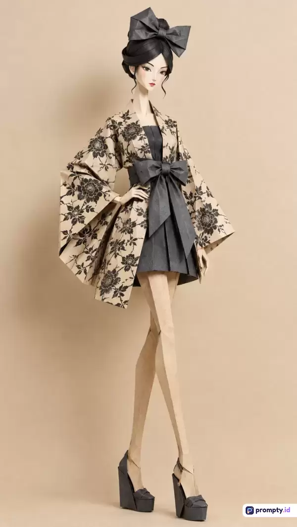 Gambar ini menampilkan patung boneka wanita bergaya seni kertas *origami* modern dengan busana kimono motif bunga dan pita besar yang elegan, menggunakan kata kunci boneka kertas, seni origami, kimono, fashion asia, dan desain kreatif, didominasi oleh warna krem, abu-abu gelap, dan hitam.