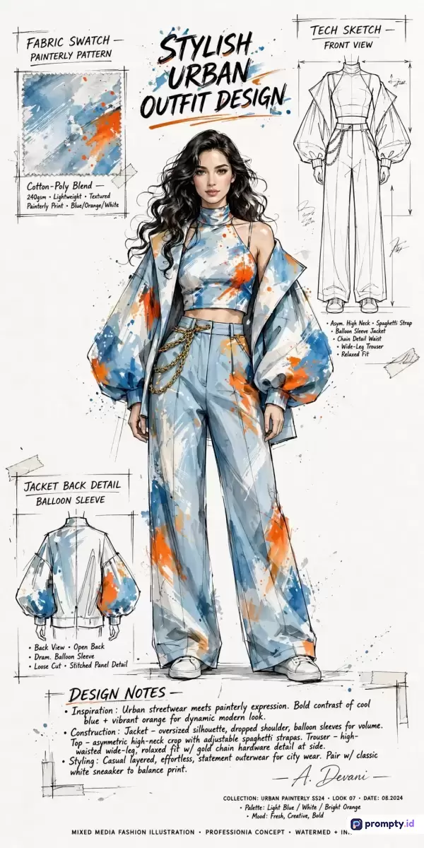 Ilustrasi mode perkotaan bergaya sketsa artistik dengan cat air ini menampilkan desain pakaian wanita modern—berupa atasan *crop*, celana *wide-leg*, dan jaket *oversized* lengan balon—dengan palet warna dominan biru muda, putih, serta jingga cerah, yang disertai catatan teknis dan sampel kain untuk kata kunci desain pakaian, seni mode, ilustrasi digital, kreatif, dan *streetwear*.