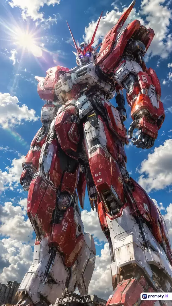 Gambar bergaya seni digital sinematik ini menampilkan robot mecha raksasa berwarna merah dan putih dengan detail mekanis yang rumit berdiri megah di bawah langit cerah berawan dengan efek *lens flare*, menggunakan kata kunci robot, mecha, fiksi ilmiah, raksasa, futuristik, anime, perang, teknologi, megah, dan detail, serta didominasi oleh tiga warna utama yaitu merah, putih, dan biru.