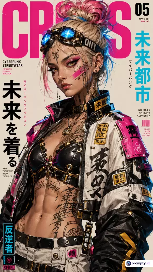 Gambar bergaya majalah fiksi ilmiah modern ini menampilkan konten potret seorang wanita bertato dengan pakaian jalanan futuristik, kacamata pelindung, dan rambut merah muda yang mencolok, diperkaya dengan kata kunci seperti cyberpunk, mode jalanan, dan pemberontakan, serta didominasi oleh tiga warna utama yaitu merah muda cerah, hitam, dan putih, yang mencerminkan estetika urban yang berani.