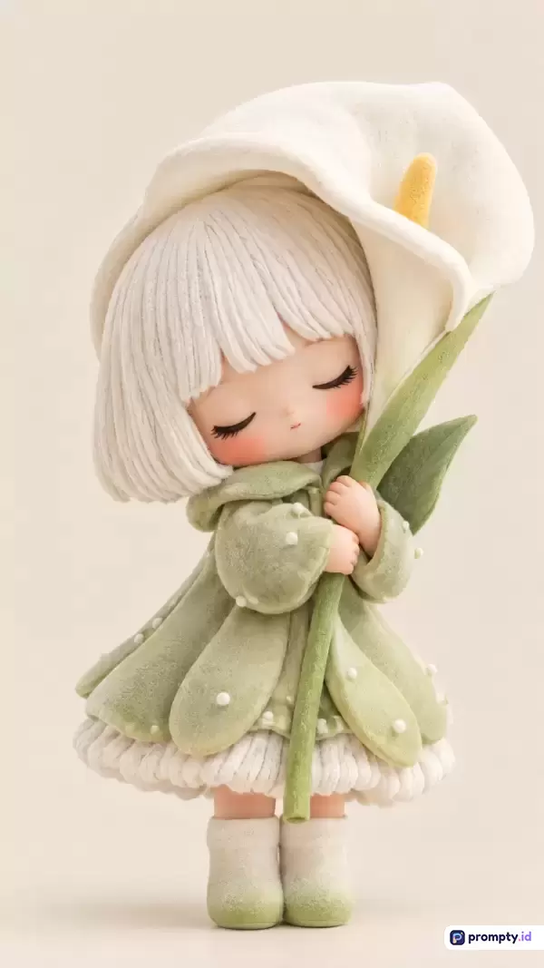 Gambar bergaya figurin seni pahat 3D yang bertekstur beludru menampilkan konten boneka anak perempuan berambut putih sedang memeluk bunga Calla Lily besar dengan kata kunci boneka, seni 3D, anak perempuan, bunga, dan estetika, didominasi oleh palet warna putih, hijau salvia, dan krem lembut.