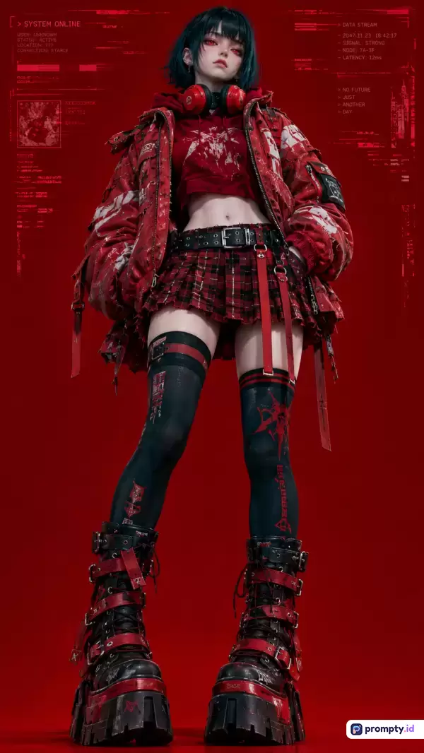 Gambar bergenre seni digital cyberpunk ini menampilkan karakter wanita berambut pendek dengan gaya busana streetwear futuristik yang didominasi jaket merah tebal, rok kotak-kotak, dan sepatu bot platform besar, dihiasi elemen antarmuka sistem digital pada latar belakang merah terang, dengan kata kunci utama: anime, cyberpunk, sci-fi, fashion, distopia, dan tiga warna dominan yaitu merah, hitam, dan putih.