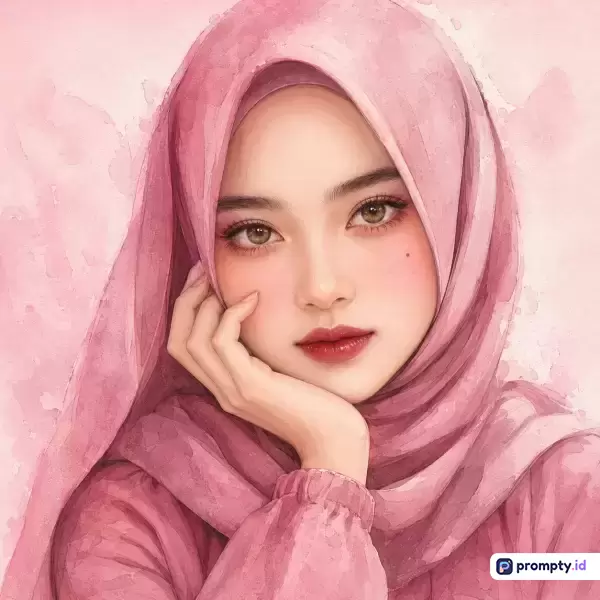 Gambar digital bergaya lukisan cat air dengan efek tekstur kertas ini menampilkan potret close-up seorang wanita muda cantik berhijab merah muda dengan pose menopang dagu, bertema feminin dan elegan, serta memiliki palet warna dominan merah muda, putih, dan merah tua, dengan kata kunci hijab, wanita, cat air, feminin, dan potret.