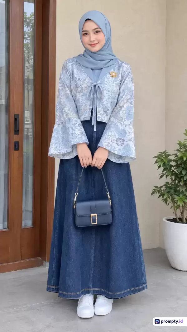 Gambar bergaya fotografi OOTD kasual modern ini menampilkan wanita berhijab yang mengenakan atasan motif floral biru muda, rok denim panjang, dan sepatu putih, dikelilingi kata kunci fashion muslimah, gaya kasual, pakaian denim, OOTD hijab, dan tren busana, dengan tiga warna dominan yaitu biru muda, biru denim, dan putih.