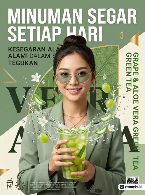 Gambar bergenre komersial dan poster iklan modern ini menampilkan konten wanita muda yang memegang minuman segar berhiaskan buah anggur dan lidah buaya, menggunakan tiga warna dominan yaitu hijau sage, putih, dan emas, serta didukung oleh kata kunci minuman segar, green tea, aloe vera, grape, dan promosi produk.