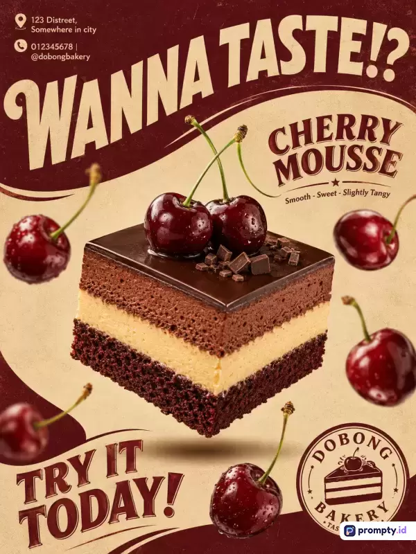 Gambar ber-gaya poster promosi vintage ini menampilkan konten potongan kue cokelat lapis dengan taburan ceri segar, menggunakan kata kunci cherry mousse, kue cokelat, promosi bakery, makanan penutup, poster retro, didominasi oleh palet warna merah marun, krem, dan cokelat tua.