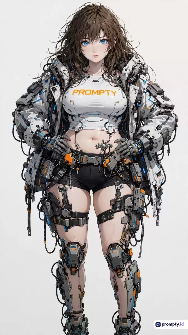 Gambar bergaya anime digital futuristik ini menampilkan seorang wanita berambut cokelat dengan mata biru mengenakan pakaian teknologi tinggi bertuliskan PROMPTY, jaket mekanik, dan perlengkapan sibernetik, menggunakan kata kunci seperti wanita, anime, cyberpunk, sci-fi, dan teknologi, serta didominasi oleh tiga warna utama yaitu putih, abu-abu, dan jingga.