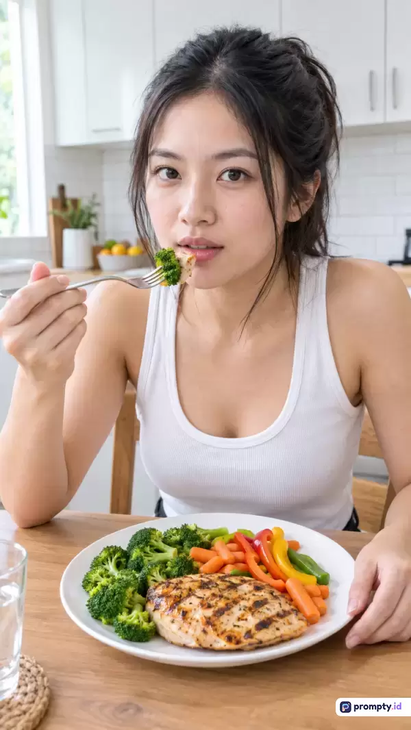 Gambar fotografi realistis bergaya candid ini menampilkan seorang wanita Asia muda berambut hitam terikat mengenakan tank top putih, sedang menikmati makanan sehat berupa dada ayam bakar, brokoli, dan sayuran warna-warni di dapur cerah dengan kata kunci diet, makanan sehat, gaya hidup aktif, nutrisi, dan kebugaran, didominasi oleh warna putih, hijau, dan cokelat kayu.