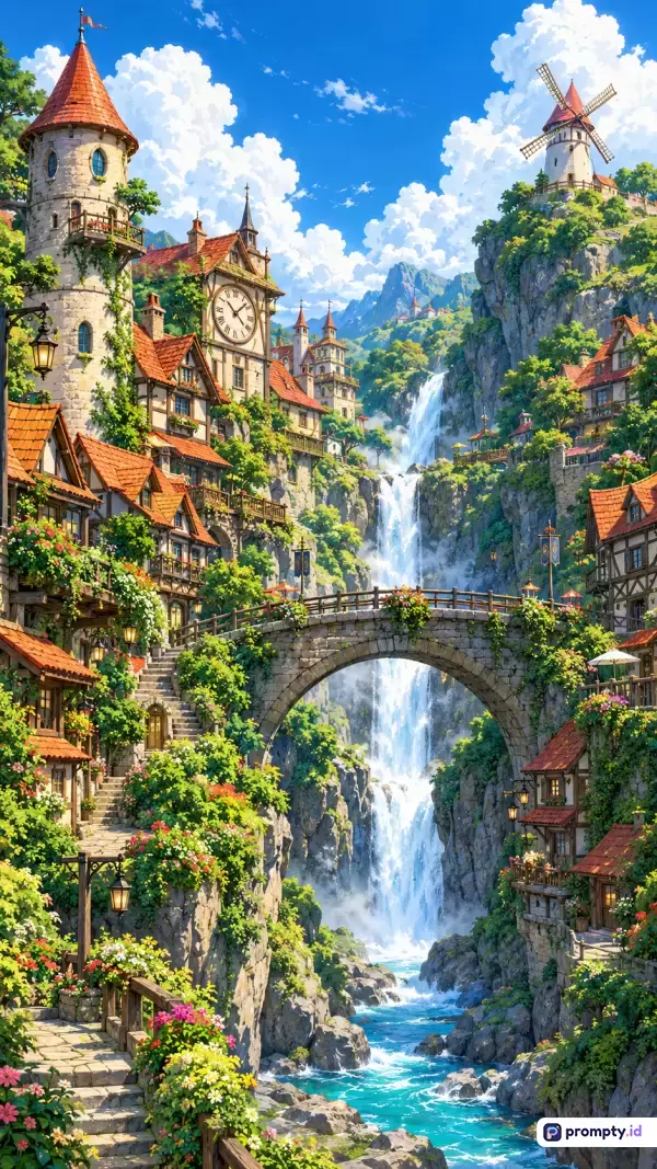 Gambar bergenre fantasi surealis bergaya ilustrasi digital ini menampilkan pemandangan desa pegunungan yang asri dengan elemen kastil, menara jam, kincir angin, dan air terjun megah yang mengalir di bawah jembatan batu, menggunakan palet warna dominan biru langit, hijau zamrud, dan cokelat terakota, serta diperkaya oleh kata kunci keindahan alam, negeri dongeng, arsitektur klasik, dan petualangan epik.
