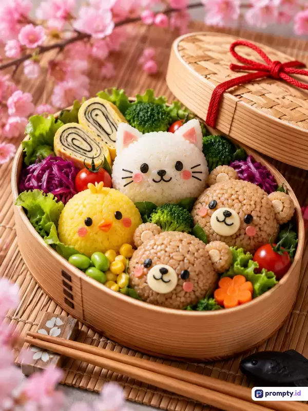 Gambar fotografi makanan bergaya kawaii bento Jepang ini menampilkan wadah makan siang kayu oval yang berisi nasi berbentuk hewan menggemaskan seperti kucing, dua beruang, dan anak ayam, dikelilingi lauk pauk segar seperti selada, brokoli, tomat ceri, jagung, dan tamagoyaki, serta dihiasi bunga sakura di latar belakang dengan kata kunci bento, kyaraben, seni makanan, piknik, dan estetika, yang didominasi oleh warna cokelat kayu, merah muda, dan kuning cerah.