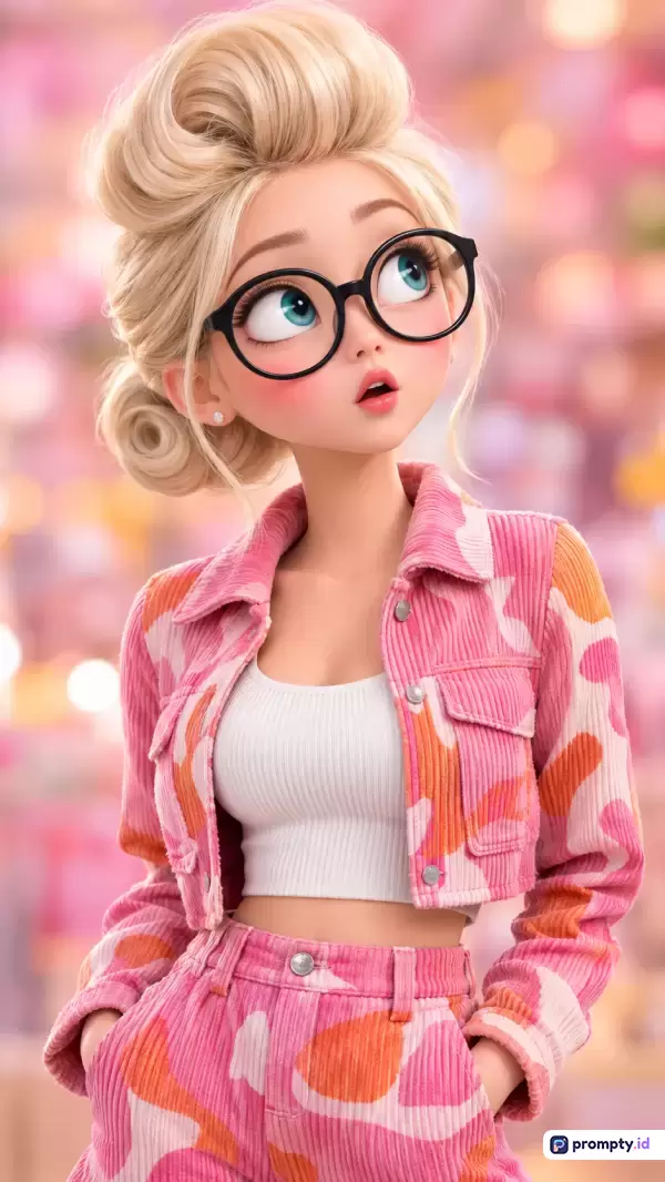 Gambar bergenre animasi 3D modern ini menampilkan seorang wanita berambut pirang dengan gaya rambut gulung elegan dan berkacamata hitam tebal yang sedang berpose menawan dengan latar belakang bokeh yang lembut, didominasi oleh konten estetis feminin serta kata kunci seperti animasi 3D, rambut pirang, kacamata hitam, jaket motif, dan latar belakang bokeh, dengan tiga warna dominan yaitu merah muda, putih, dan oranye.
