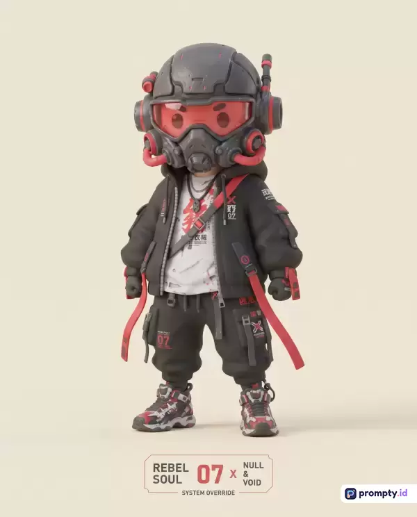 Gambar ini menampilkan figur mainan 3D bergaya sci-fi cyberpunk berproporsi *chibi* yang mengenakan helm taktis futuristik dan pakaian jalanan urban serba hitam beraksen merah, dengan kata kunci utama mainan desainer, cyberpunk, sci-fi, helm taktis, streetwear, serta didominasi oleh warna hitam, merah, dan putih krem.