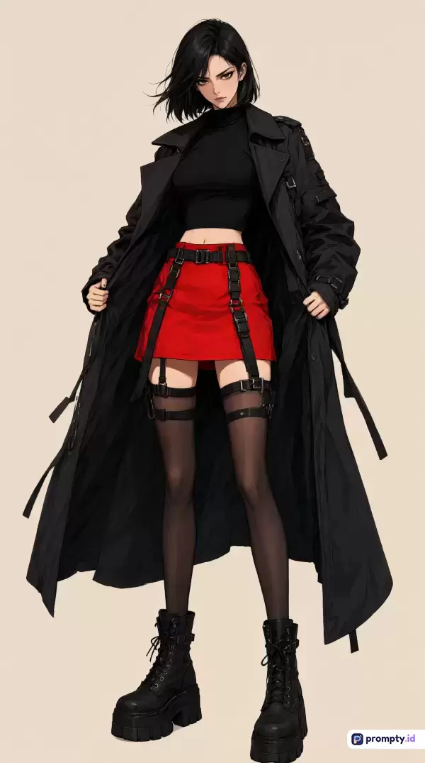 Gambar bergaya ilustrasi anime modern ini menampilkan seorang karakter wanita berambut hitam pendek dengan ekspresi tajam, mengenakan gaya busana *cyberpunk* atau *streetwear* yang terdiri dari mantel panjang hitam, *crop top*, rok mini merah, kaos kaki jaring dengan tali *garter*, serta sepatu bot tebal, dengan kata kunci utama gadis anime, fesyen futuristik, mantel hitam, rok merah, gaya jalanan, edgy, ilustrasi digital, sedangkan tiga warna dominannya adalah hitam, merah, dan krem.